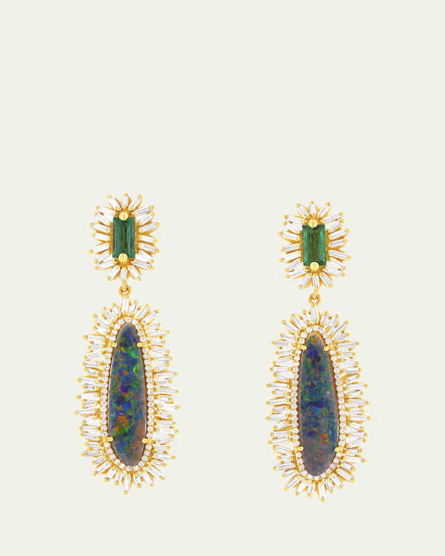 18K Yellow Gold One Of A Kind Earrings with Opals, Emerald Baguettes and White Diamonds